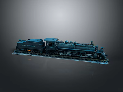 Detailed Black Train Model With Two Carriages Placed On Tracks Against Gray Background 3d model