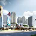 Modern High Rise Office Building Exterior With Sunlit Green Lawn Trees And People Activities