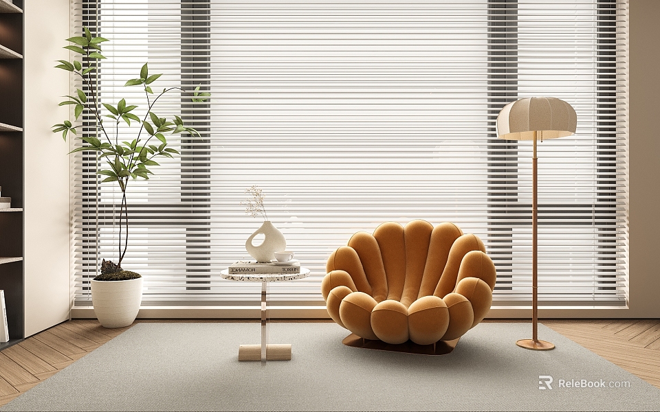 Scalloped Accent Chair with Blinds Potted Plant Side Table and Floor Lamp in Living Room 3d model 