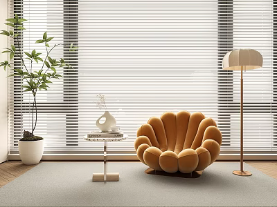 Scalloped Accent Chair with Blinds Potted Plant Side Table and Floor Lamp in Living Room 3d model