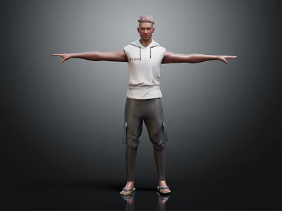 Man In White Sleeveless Hoodie And Gray Cargo Pants With Arms Outstretched Against Dark Background 3d model