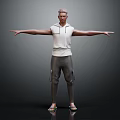 Man In White Sleeveless Hoodie And Gray Cargo Pants With Arms Outstretched Against Dark Background