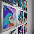 Framed Abstract Paintings With Flowing Colors Blended Hues And Dynamic Textures In White Black Silver Frames