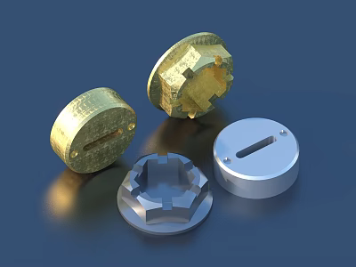 Golden And Silver Metal Components With Various Shapes Textured Surfaces And Slots 3d model