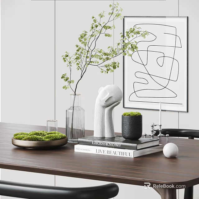Modern Minimalist Decorative Ornament Set with Green Plants Clear Vase White Sculpture on Wooden Table 3d model 
