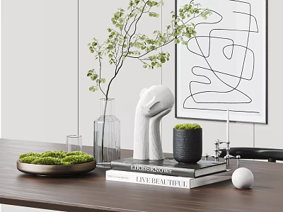 Modern Minimalist Decorative Ornament Set with Green Plants Clear Vase White Sculpture on Wooden Table 3d model