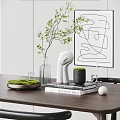Modern Minimalist Decorative Ornament Set with Green Plants Clear Vase White Sculpture on Wooden Table