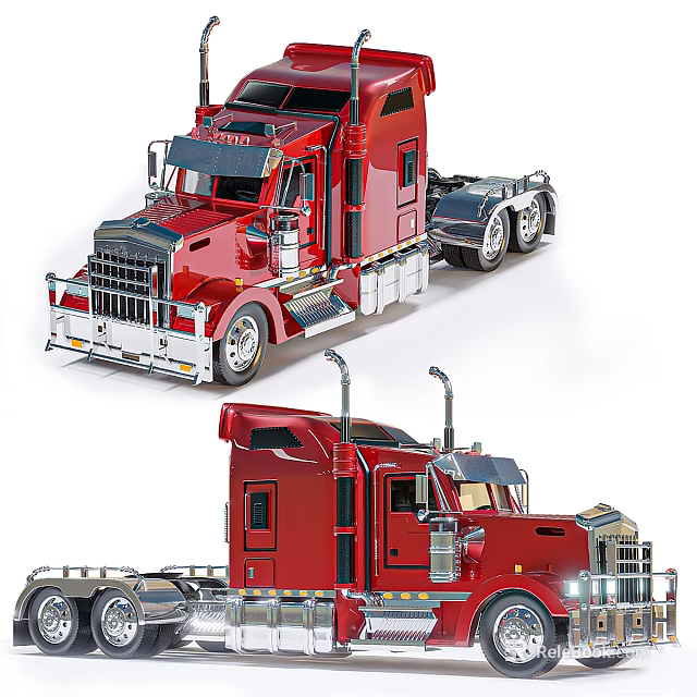 Red Heavy Duty Functional Trucks With Cab Design And Wheels 3d model