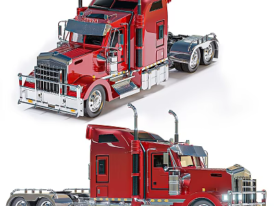 Red Heavy Duty Functional Trucks With Cab Design And Wheels 3d model