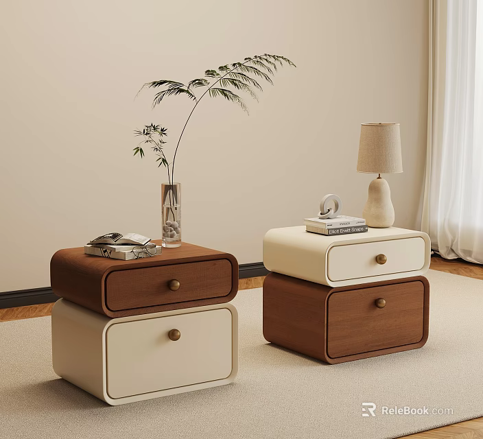 Modern Bedside Tables With Brown And Beige Drawers Vase Plant Lamp And Books 3d model 