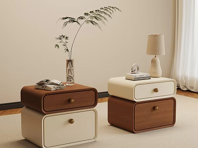 Modern Bedside Tables With Brown And Beige Drawers Vase Plant Lamp And Books 3d model