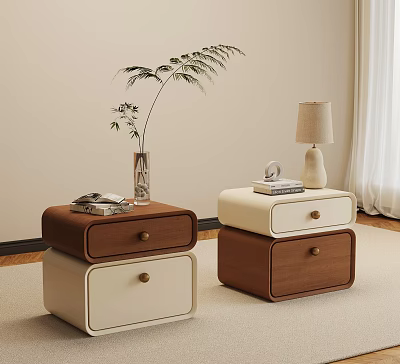 Modern Bedside Tables With Brown And Beige Drawers Vase Plant Lamp And Books 3d model