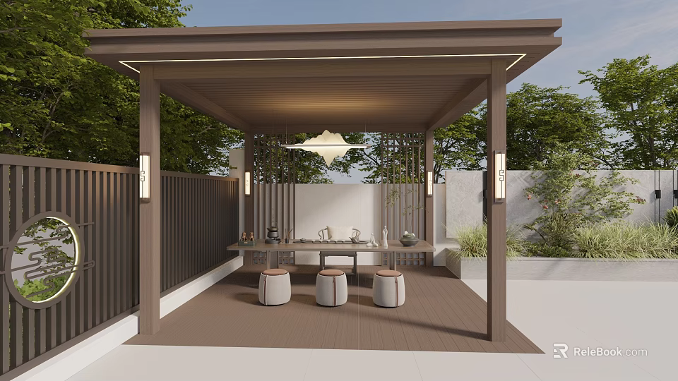 Outdoor Covered Pavilion With Wooden Roof Lighting Table Stools Green Plants And Fence 3d model 