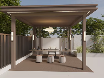 Outdoor Covered Pavilion With Wooden Roof Lighting Table Stools Green Plants And Fence 3d model