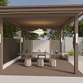 Outdoor Covered Pavilion With Wooden Roof Lighting Table Stools Green Plants And Fence