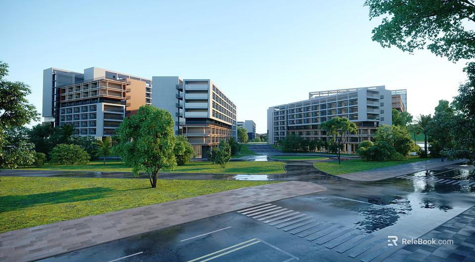 Modern School Buildings On Scenic Campus With Green Trees Lawns Pathways And Water Features 3d model 
