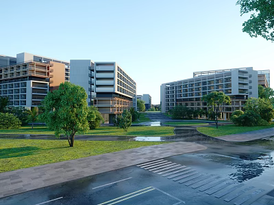 Modern School Buildings On Scenic Campus With Green Trees Lawns Pathways And Water Features 3d model