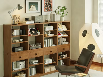 Wooden Bookshelf Interior With Books Vinyl Records Decorative Items Table Lamp And Potted Plant 3d model