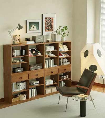 Wooden Bookshelf Interior With Books Vinyl Records Decorative Items Table Lamp And Potted Plant 3d model