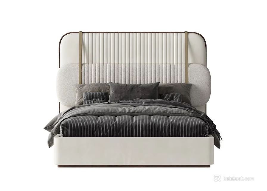 Elegant Modern Double Bed With White Curved Headboard Black Metal Frame And Gray Bedding 3d model 