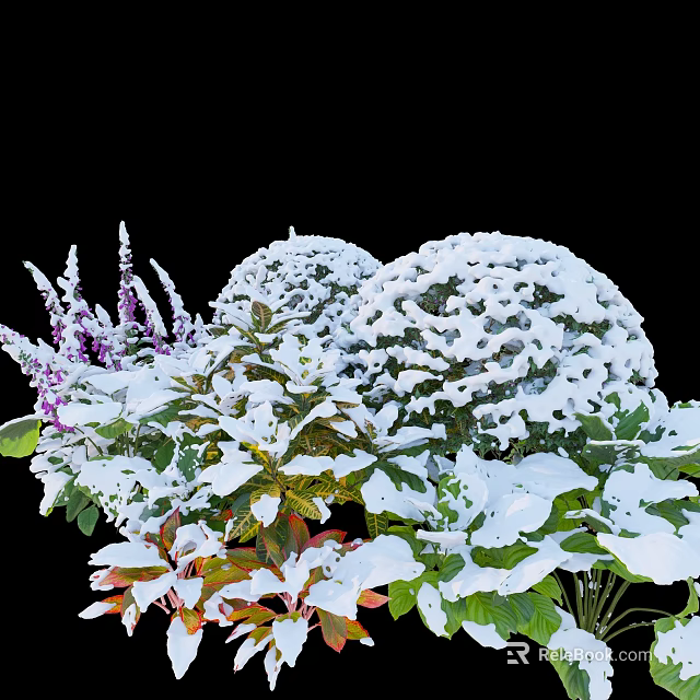 Snow Covered Garden Shrubs With Purple Flowers And Fresh Green Leaves 3d model 