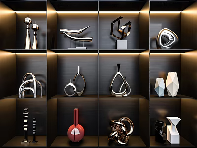 Modern Decorative Ornament Set on Lit Black Shelves with Metallic and Geometric Designs 3d model