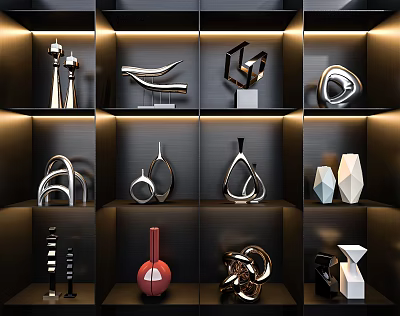 Modern Decorative Ornament Set on Lit Black Shelves with Metallic and Geometric Designs 3d model