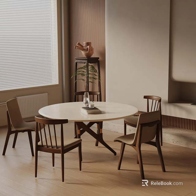 Minimalist Dining Table Set With Round Wooden Table And Backrest Chairs Window Blinds Decorative Vase 3d model 