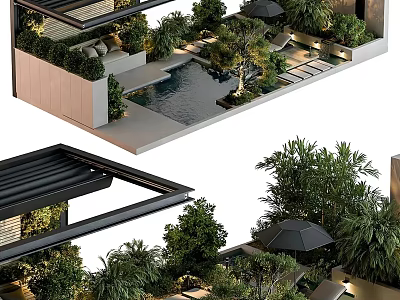 Modern Outdoor Patio Garden Design With Swimming Pool Umbrella Seating And Green Plants 3d model