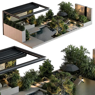 Modern Outdoor Patio Garden Design With Swimming Pool Umbrella Seating And Green Plants 3d model