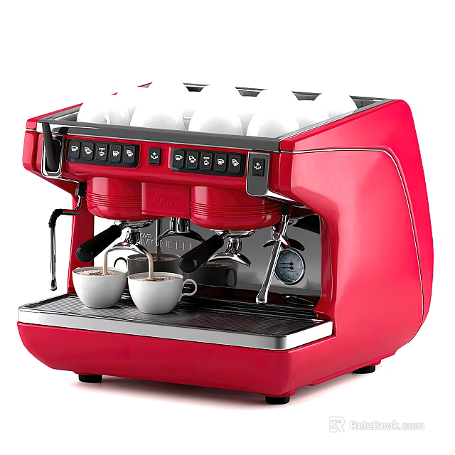 Red Espresso Coffee Machine With Two Spouts And White Cups As Kitchen Appliance 3d model 