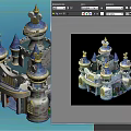 Colorful Cartoon Castle Scene With Multiple Towers Blue Gold Roofs And Decorative Windows