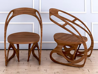 Modern Wooden Leisure Chairs with Unique Curved Frame Design for Contemporary Living Spaces 3d model