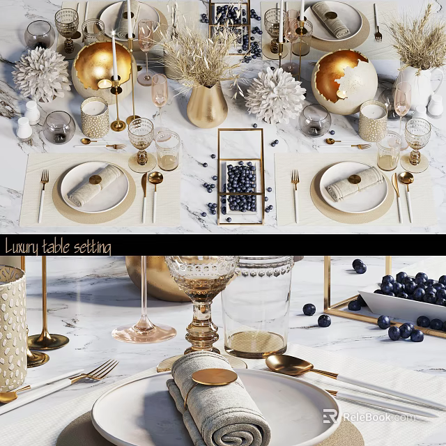 Luxury Tableware Set With Golden And White Plates Wine Glasses Napkins And Decorative Blueberries 3d model 