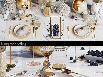 Luxury Tableware Set With Golden And White Plates Wine Glasses Napkins And Decorative Blueberries 3d model