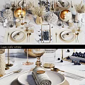 Luxury Tableware Set With Golden And White Plates Wine Glasses Napkins And Decorative Blueberries
