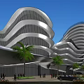 Modern High Rise Office Building With Curved Glass Curtain Wall Exterior Palm Trees And Road