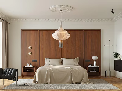 Cozy Bedroom Interior With Wooden Headboard Wall Pendant Lamp Beige Bedding Nightstands And Area Rug 3d model