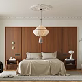 Cozy Bedroom Interior With Wooden Headboard Wall Pendant Lamp Beige Bedding Nightstands And Area Rug