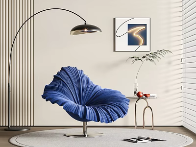 Blue Petal Shaped Leisure Chair With Curved Floor Lamp Side Table Plant And Wall Art 3d model