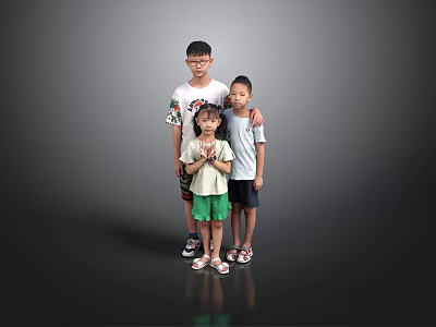 Three Children Standing Together With Gray Background Black Floor And Reflection 3d model