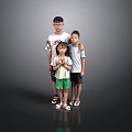 Three Children Standing Together With Gray Background Black Floor And Reflection