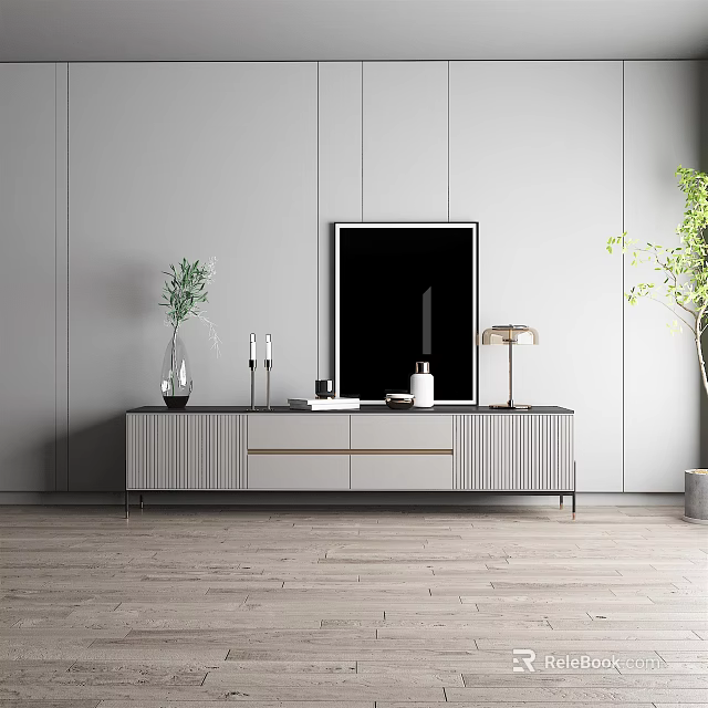 Modern TV Stand with Light Gray Wall Green Plant Vase Table Lamp and Black Frame 3d model 