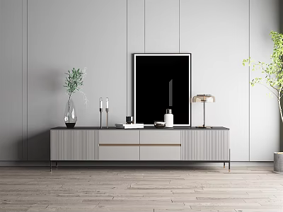 Modern TV Stand with Light Gray Wall Green Plant Vase Table Lamp and Black Frame 3d model