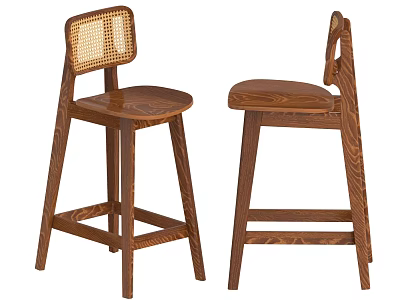 Modern Wooden Bar Stools With Woven Rattan Back And Solid Wood Frame 3d model
