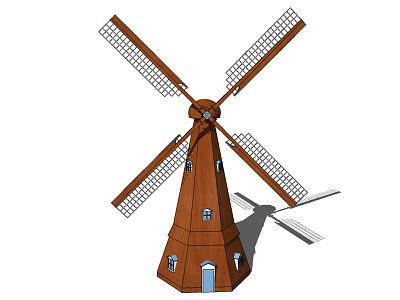 Wooden Windmill Architectural Structure With Conical Tower Body Four Blades Windows And Door 3d model
