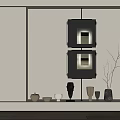 Modern Wall Decor With Black Framed Artworks And Decorative Sculptures