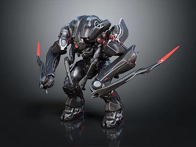 Futuristic Intelligent Robot With Black Metallic Armor And Red Glowing Blades 3d model