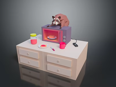 Beige Drawer Cabinet With Purple Microwave Brown Raccoon Pink Cup Red Jar And Plate 3d model