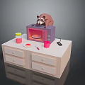 Beige Drawer Cabinet With Purple Microwave Brown Raccoon Pink Cup Red Jar And Plate